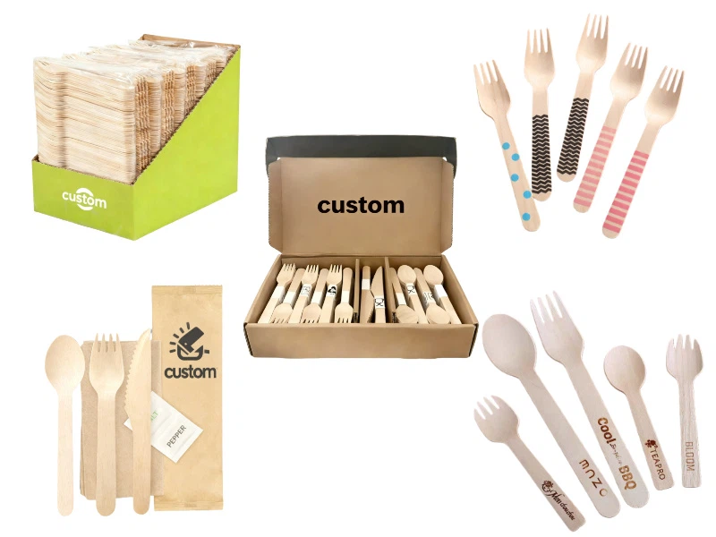 Custom OEM wooden cutlery products with various branding options Custom OEM wooden cutlery products with various branding options